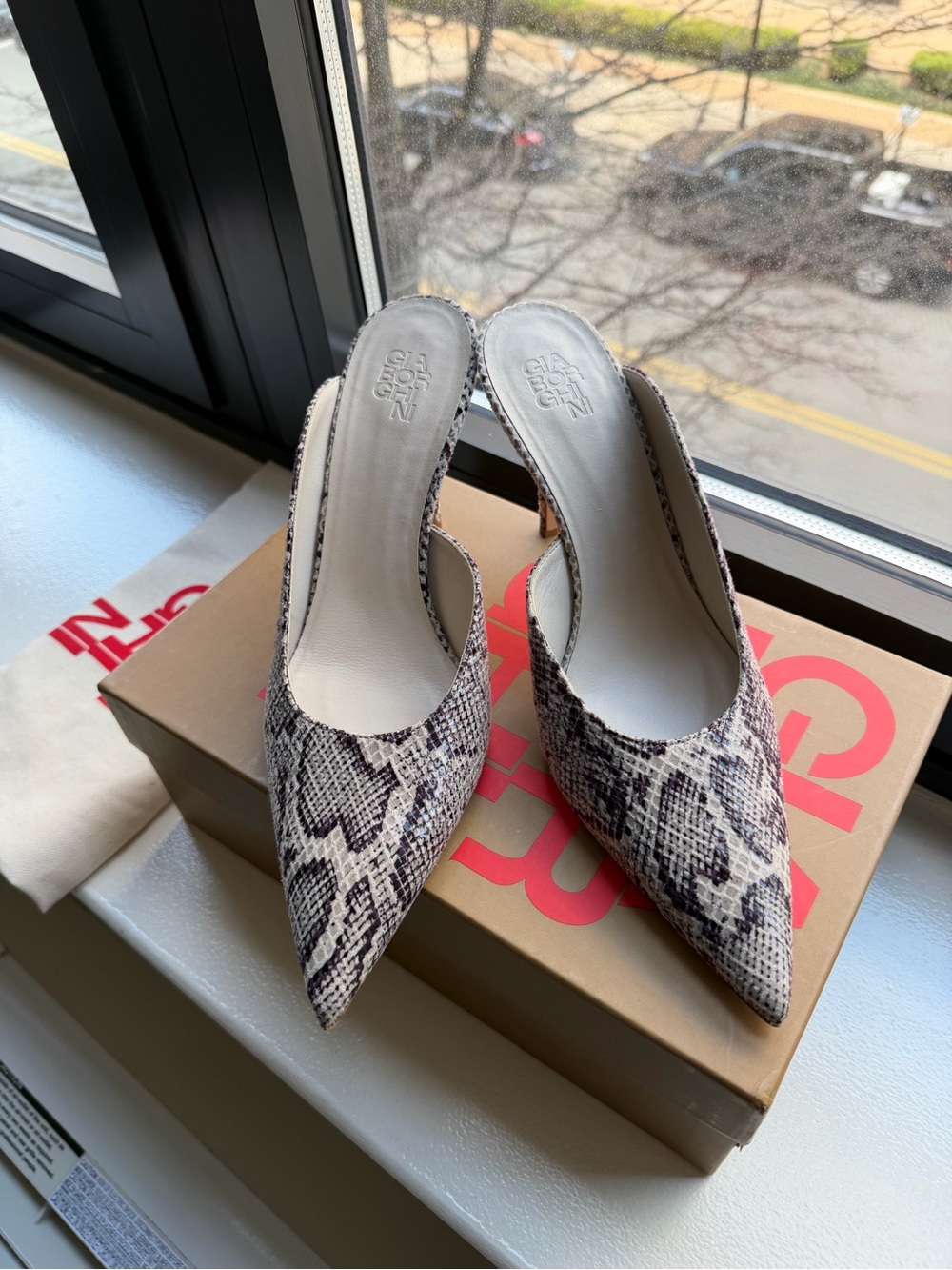 Gia Borghini Snake-Print Pointed Toe Mule in Black and White